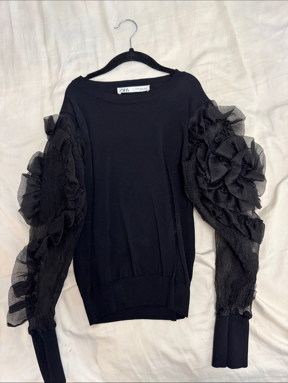 Zara Black Pullover with Ruffle Tulle Sleeves